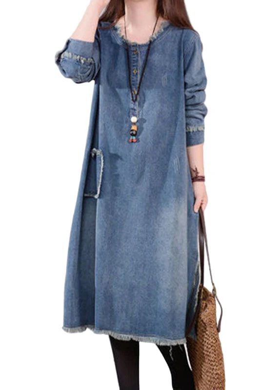 Dames Jurk Denim O-Hals met Knopen en Zakken Casual