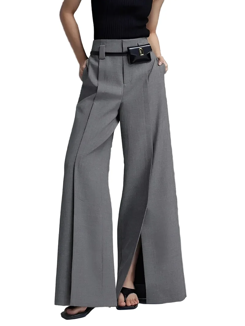 Dames Geplooide Broek met Split en Wijde Pijpen