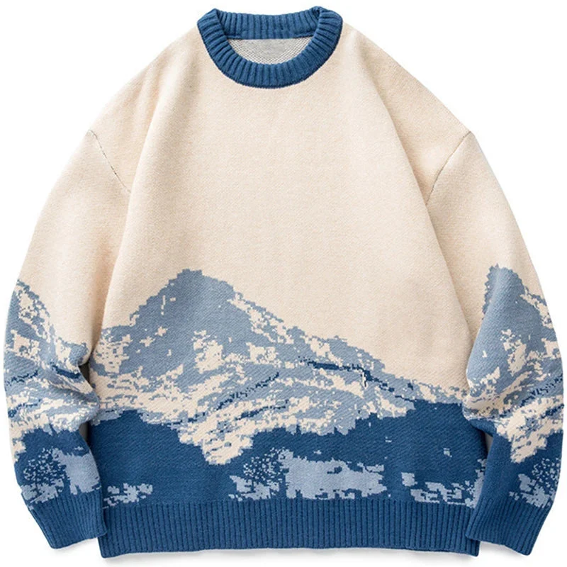Dames Oversized Gebreide Trui met Berglandschap Design
