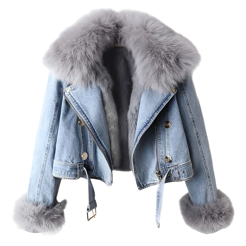 Dames Denim Bikerjack met Afneembare Bontkraag
