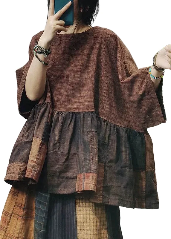 Dames Vintage O-hals Gerimpeld Shirt met Halve Mouw
