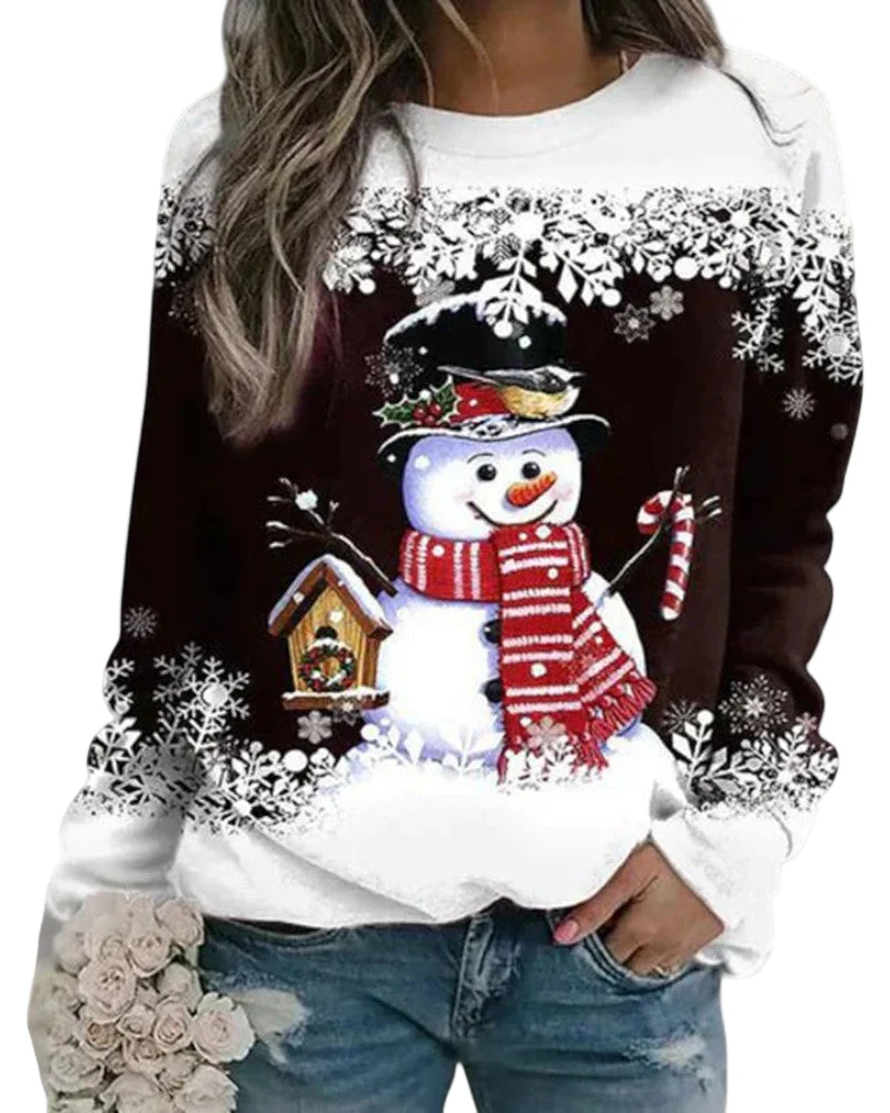 Dames Sweatshirt met Lange Mouwen en Sneeuwpopprint