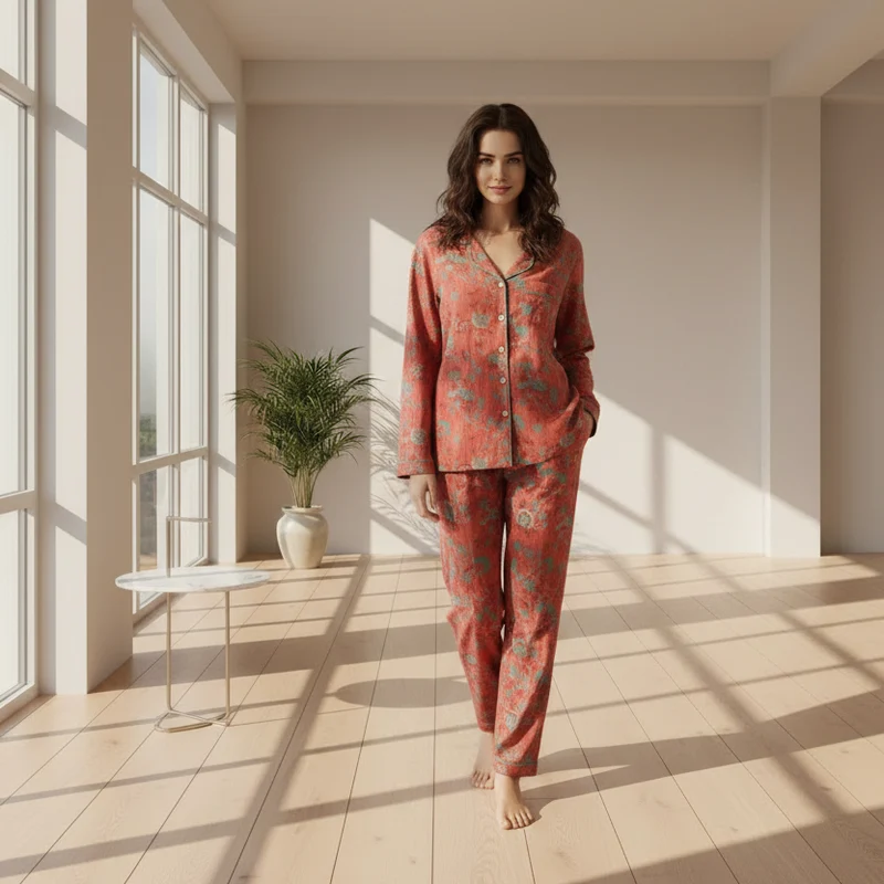 Női Pamut Pizsama Szett Fonalfestett Jacquard Vintage Hosszú Kétrészes Szett