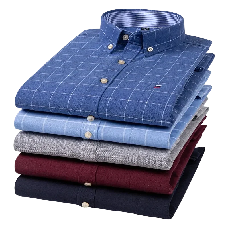 100% pamut Oxford férfi ing, hosszú ujjú, kockás, puha, normál szabású, zsebes ing S-7XL