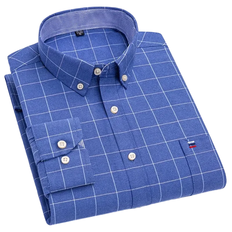 100% pamut Oxford férfi ing, hosszú ujjú, kockás, puha, normál szabású, zsebes ing S-7XL