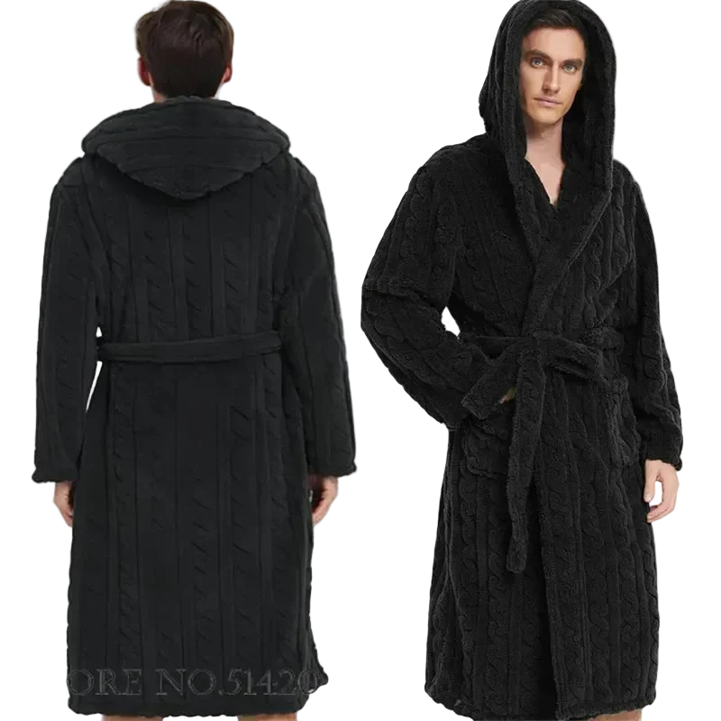 Jacquard flanel kapucnis férfi fürdőköpeny - plüss korall polár köntös