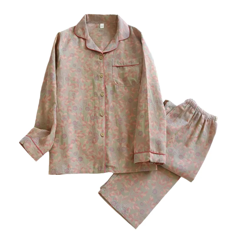 100% pamut női pizsamaszett - hosszú ujjú, fonalfestett jacquard kétrészes szett