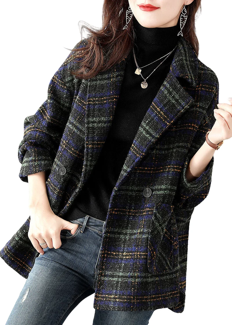 Dames Plus Size Wollen Stijl Jas met Peter Pan Kraag en Ruitpatroon