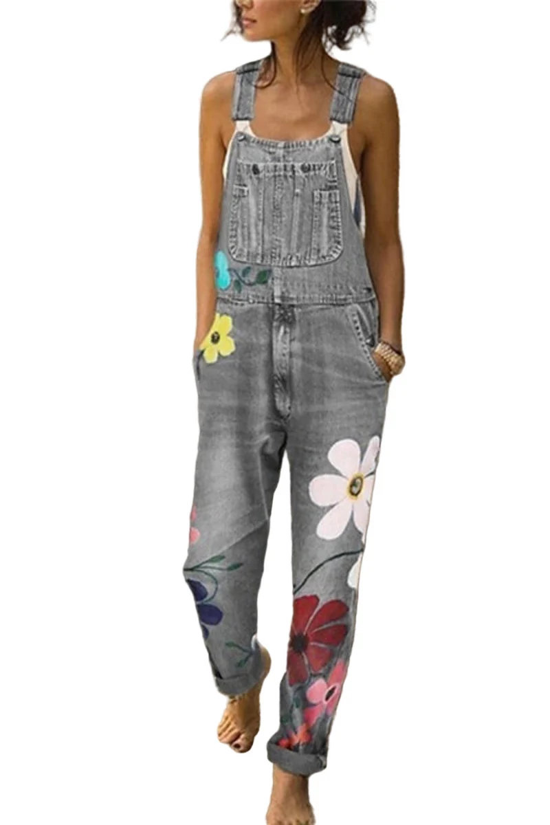 Dames Denim Overall Mouwloos met Bloemmotieven
