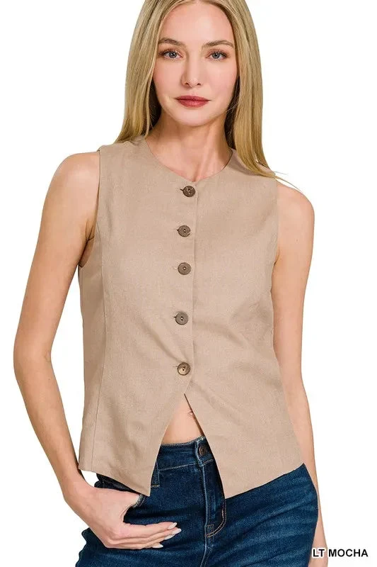 Dames Vest Button-Down Linnen Stijl Ademend Met Zakken