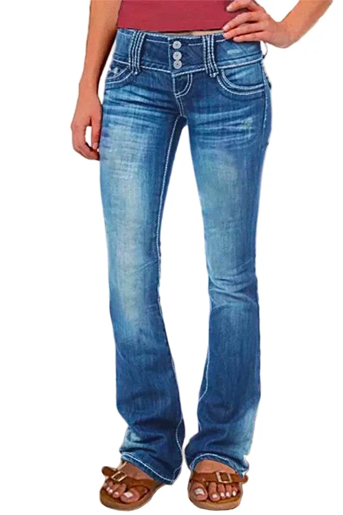 Vrouwen Bell Bottom Jeans met Knopen en Zakken