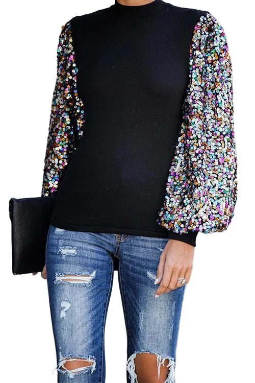 Dames Gebreide Blouse met Pailletten en Lantaarnmouwen