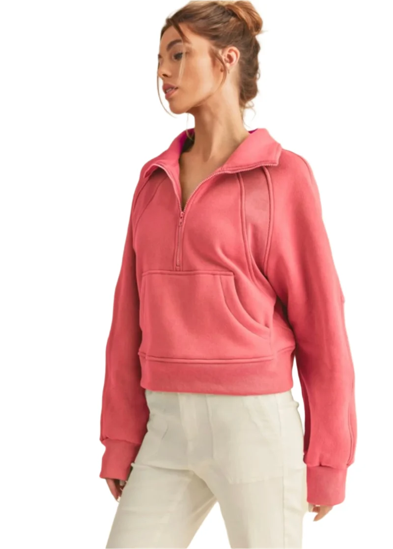 Dames Funnel Neck Half Zip Top Berry