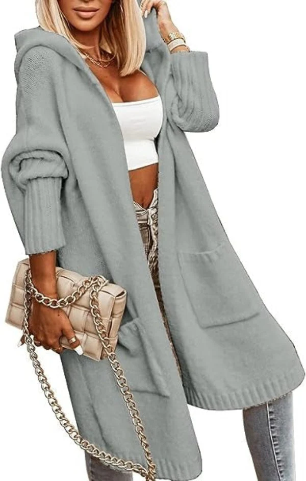 Dames Gebreide Cardigan Met Kap – Oversized Pasvorm – Open Voorkant – Middellange Lengte