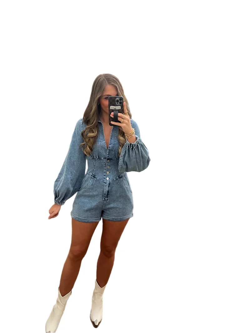 Dames Romper met Ballonmouwen en Lange Mouwen van Denim
