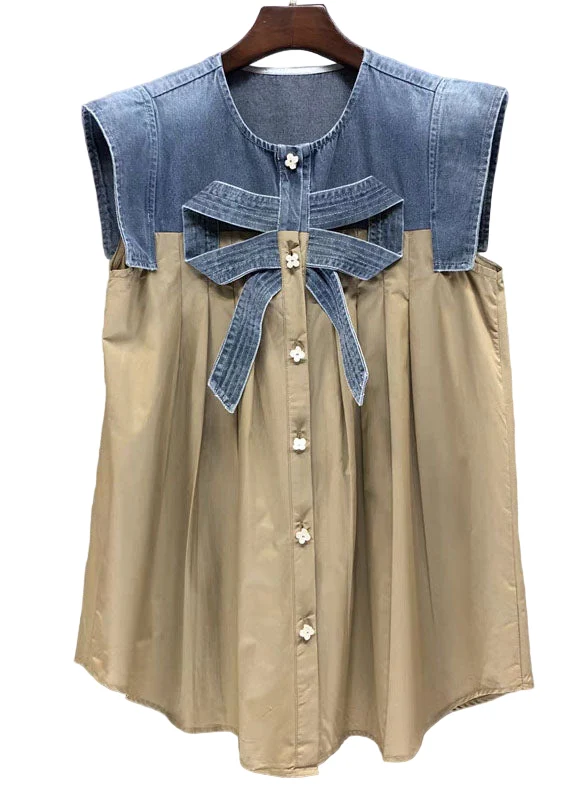Dames Top Kaki Denim met Strik en Patchwork Casual