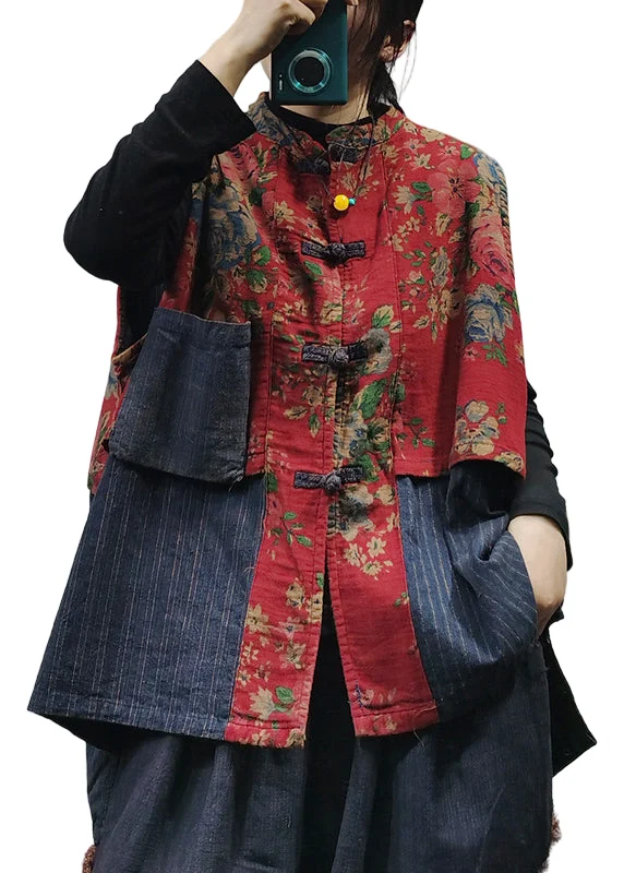 Dames Vest zonder Mouwen met Opstaande Kraag en Patchwork Print