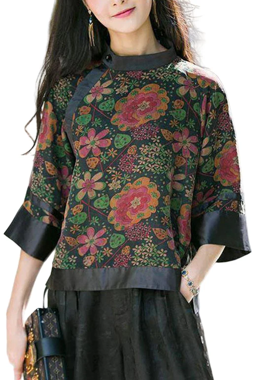 Dames Top met Opstaande Kraag en Knopenprint