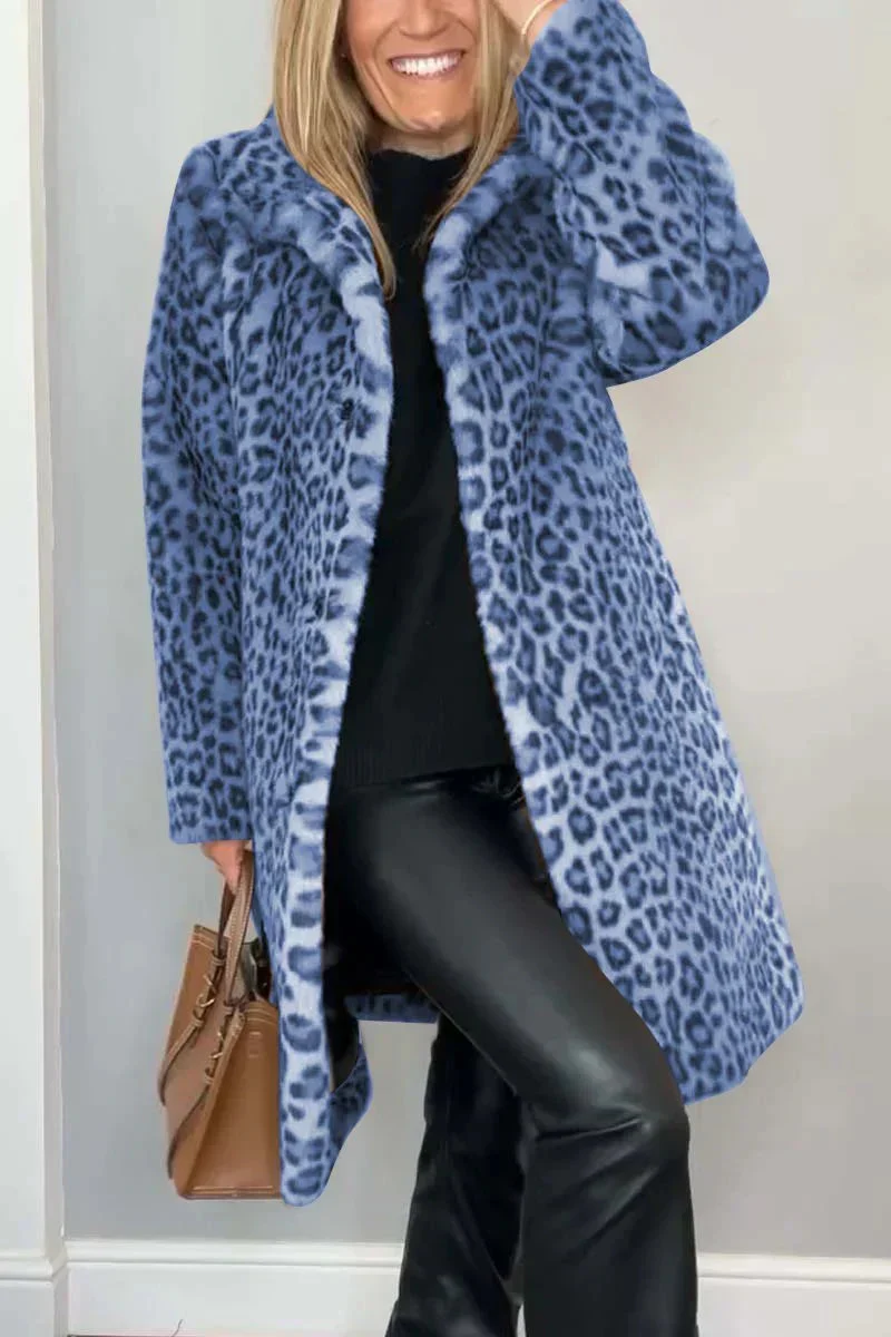 Dames Lange Winterjas met Luipaardprint en Flatterende Pasvorm
