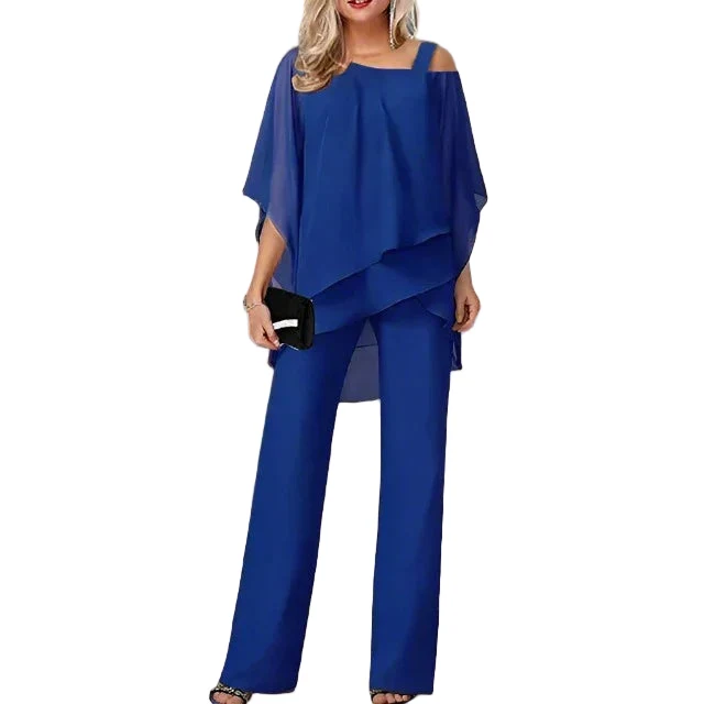Dames Chiffon Set met Schoudervrije Top en Elegante Broek