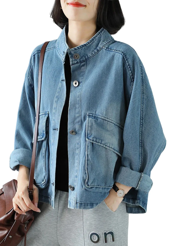 Dames Denim Jas met Opstaande Kraag en Grote Zakken