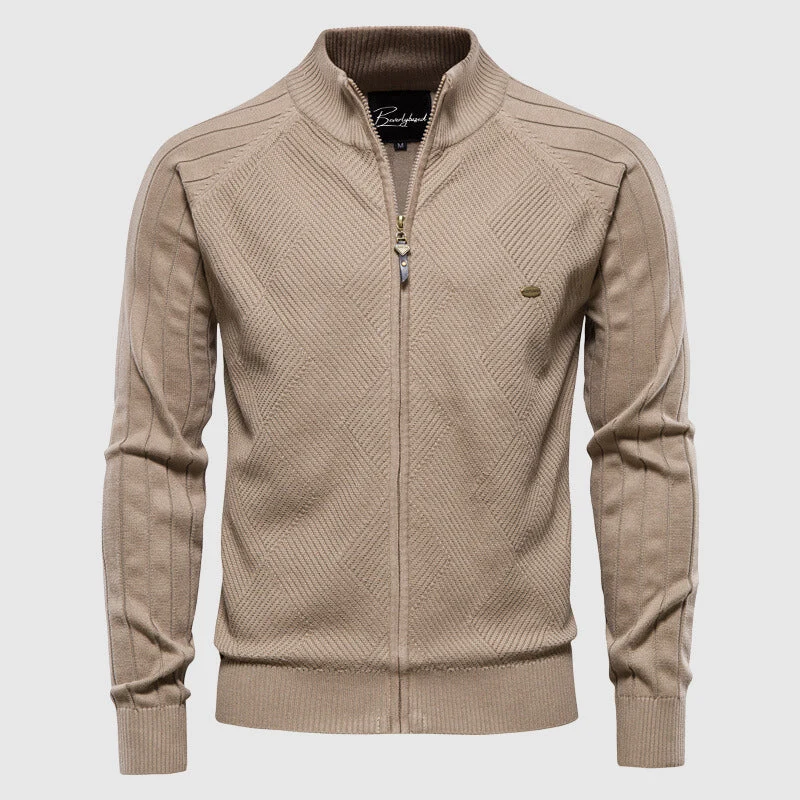 Heren Zip-Up Cardigan met Geribbelde Textuur en Staande Kraag
