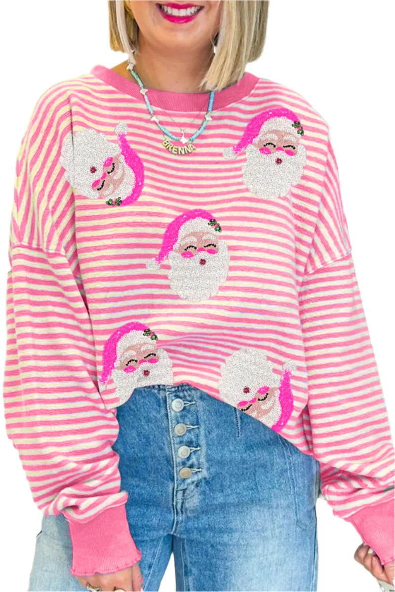 Dames Lange Mouw Top met Santa Claus Print en Roze Strepen