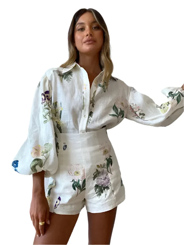 Dames Bloemenprint Hoge Taille Shorts en Lange Mouwen Blouse Set