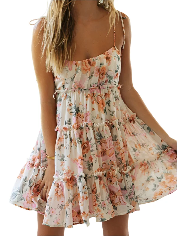 Vrouwen Mini Jurk Spaghetti Bandjes Bloemenprint Tiered