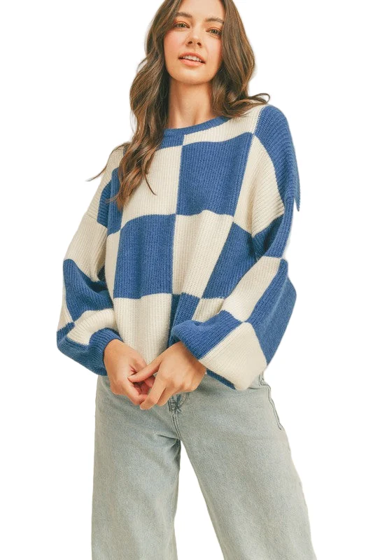 Oversized Pullover Ruitpatroon Kobalt