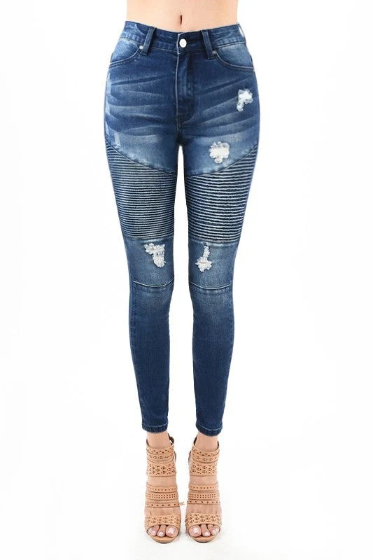 Dames Spijkerbroek Hoog Taille Skinny Destroyed Denim Moto