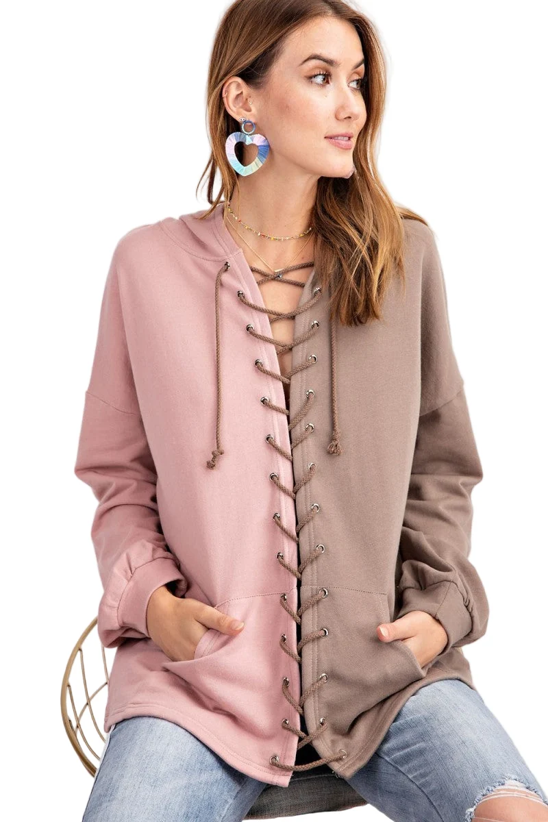 Dames Hoodie Kleurblok Gebreid Mocha