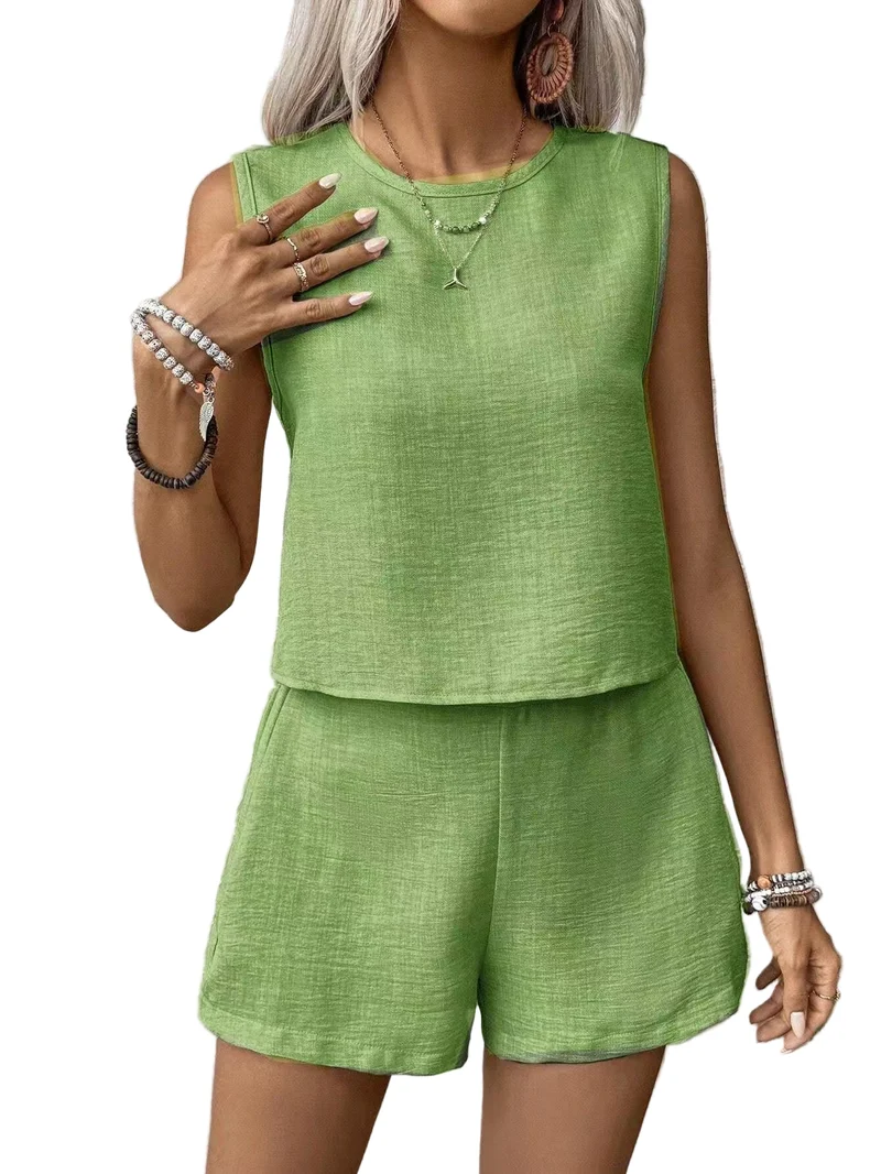 Dames Twee-Piece Set Lichte Geweven Stijl Cropped Top en Hoge Taille Shorts