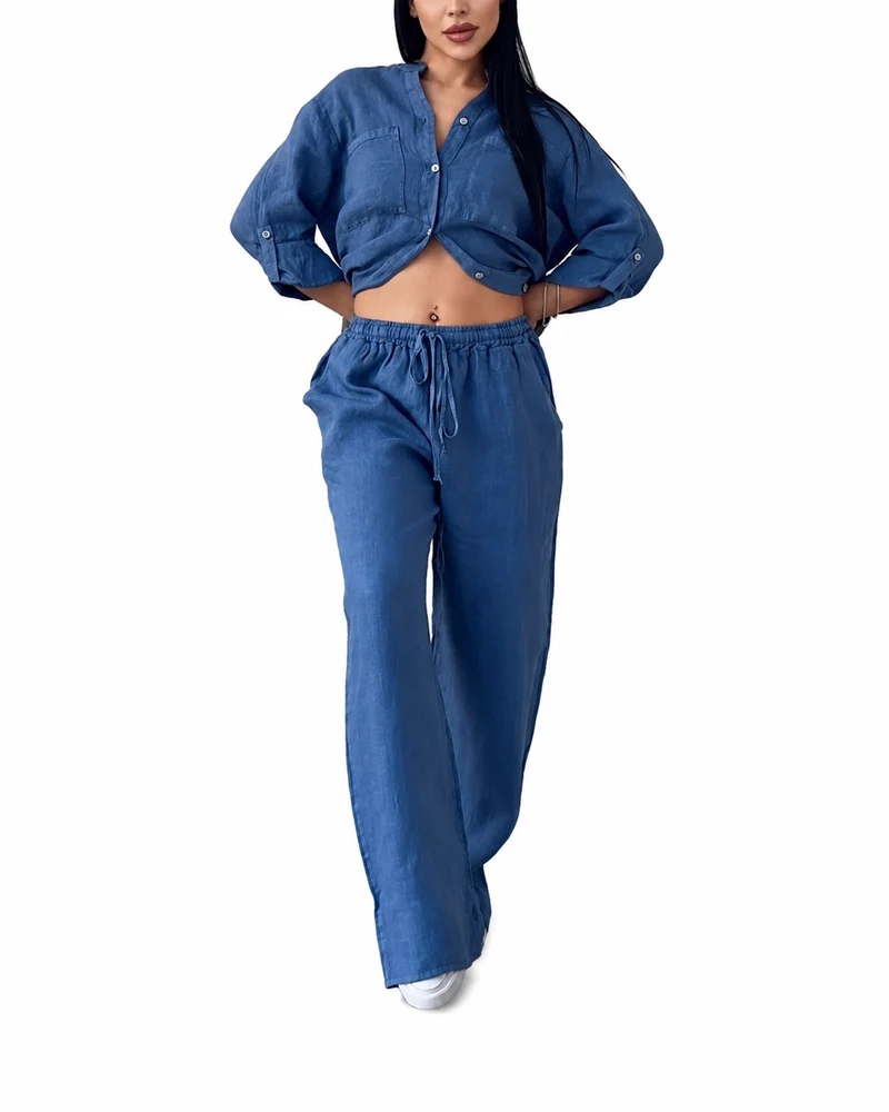 Dames Comfy Two Piece Set Wijde Pijpen En Knoopsluiting