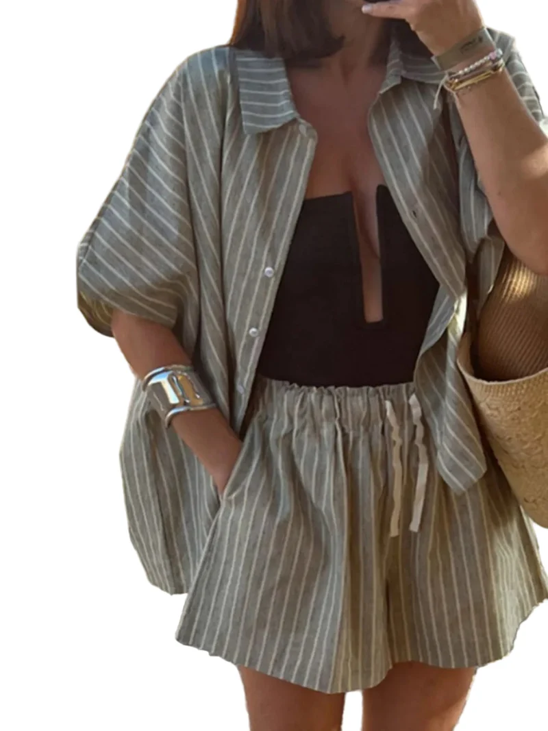Dames Tweedelige Set Gestreept Shirt en Shorts