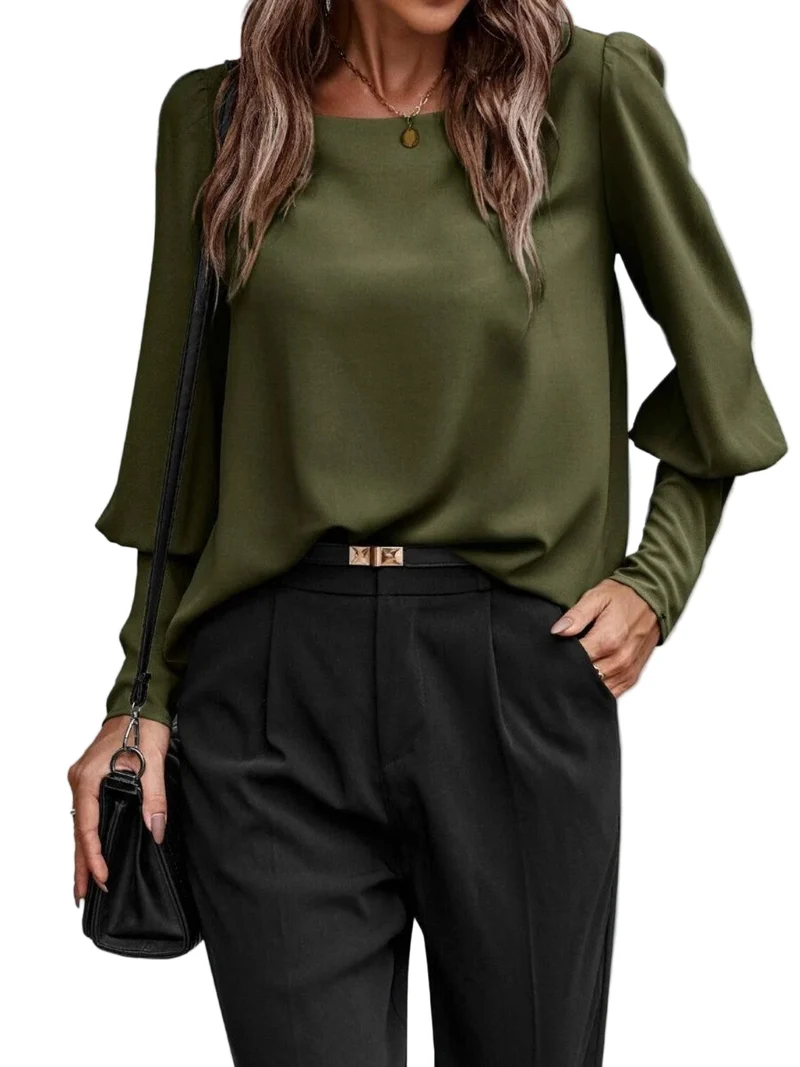 Dames Blouse met Ronde Hals en Lantaarnmouwen