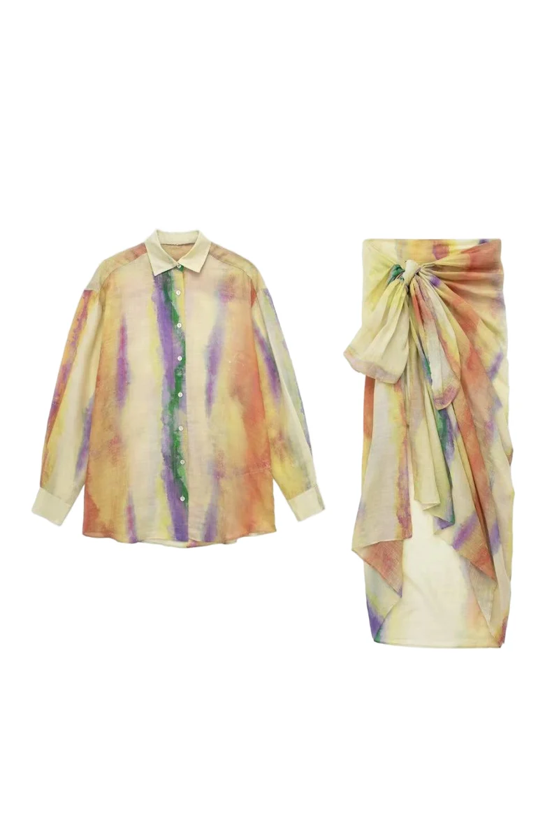 Dames Tie-Dye Lange Mouwen Shirt en Geknoopte Rok Set