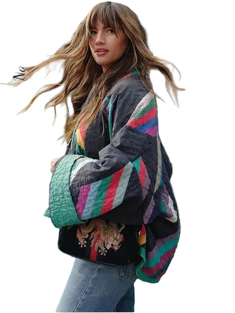 Lange Dames Jas Gewatteerd Gestreept Polyester voor Winter