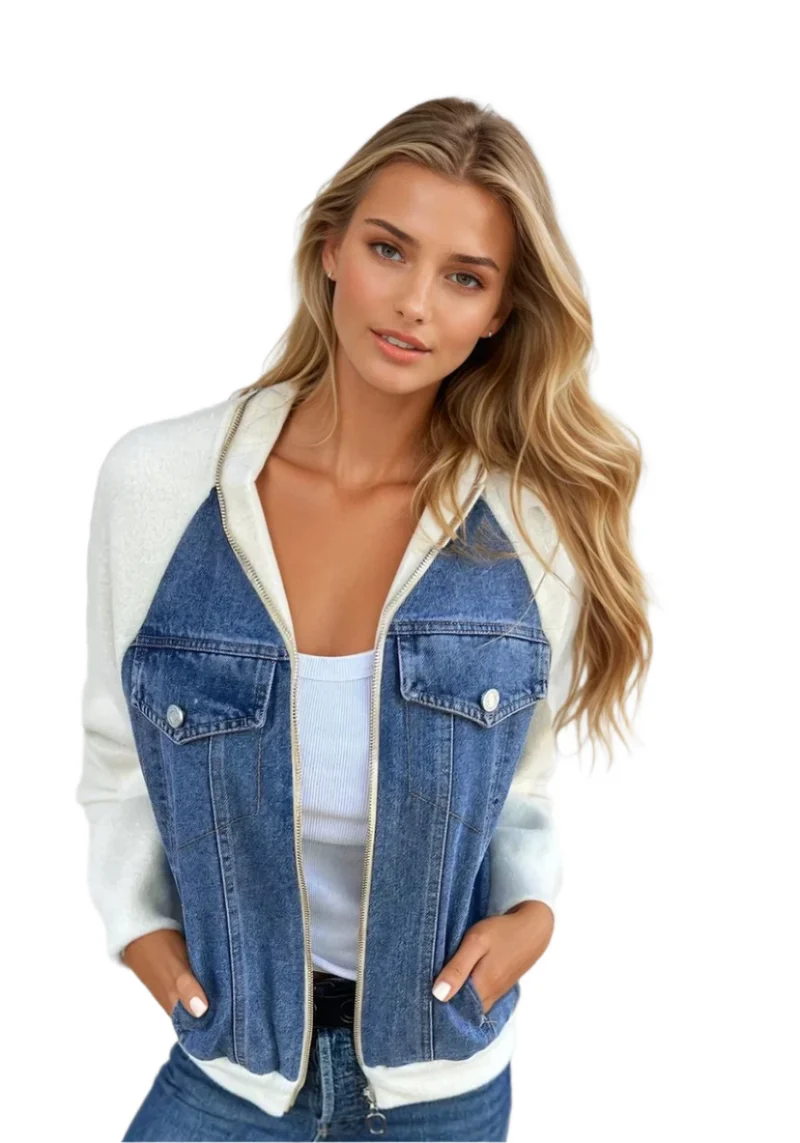 Dames Bomberjack Denim Met Gebreide Mouwen