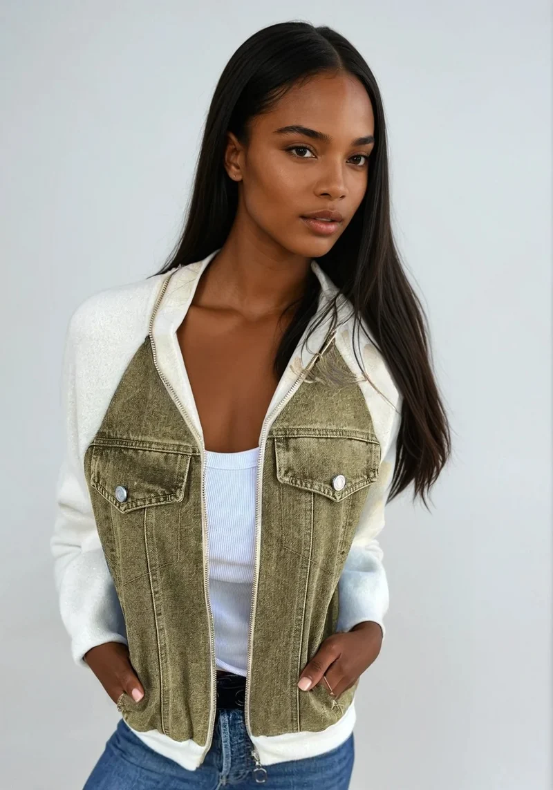 Dames Bomberjack Denim Met Gebreide Mouwen