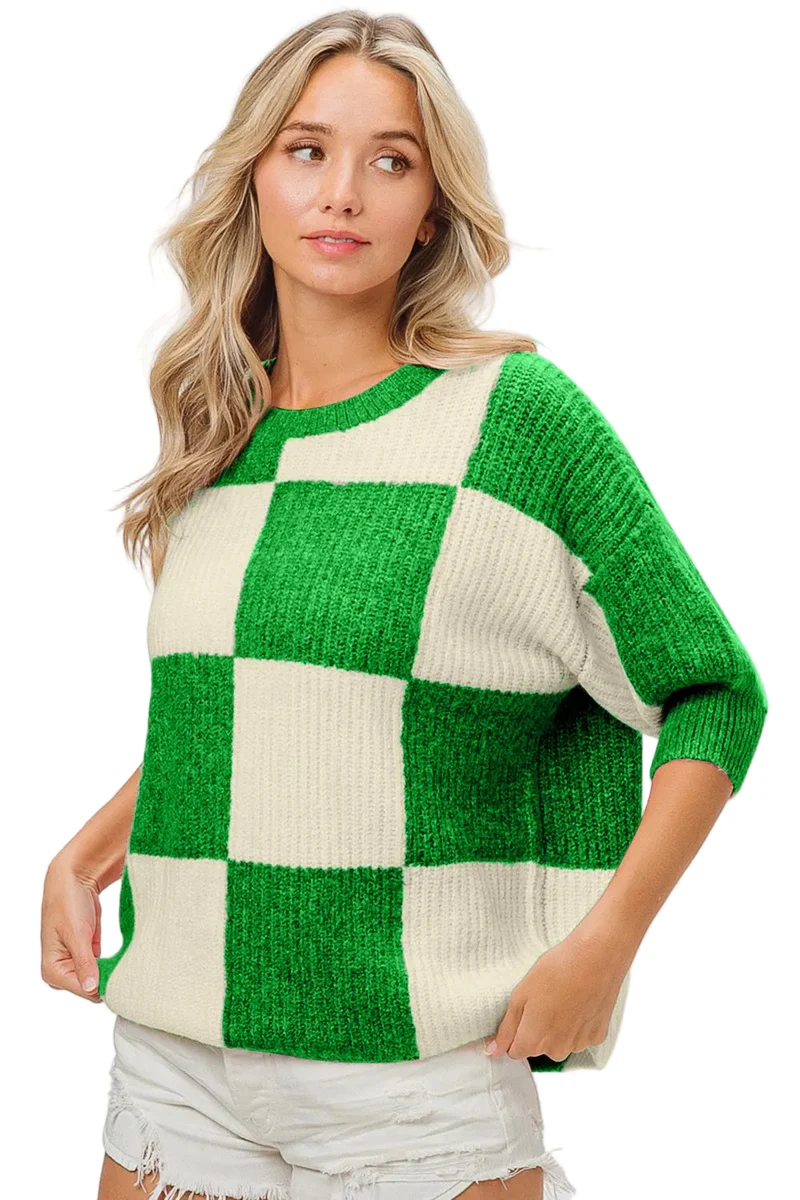 Dames Ronde Hals Trui met Geruite Contrast