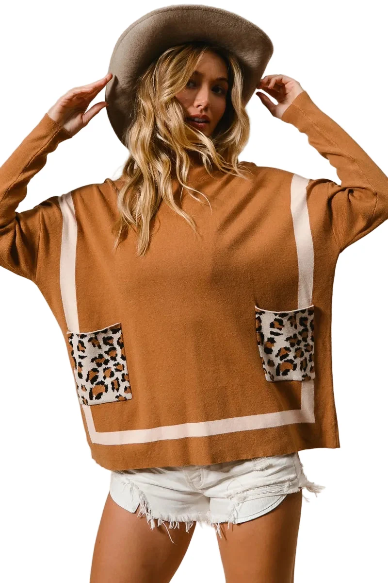 Dames Mock Neck Trui met Luipaard Pocket