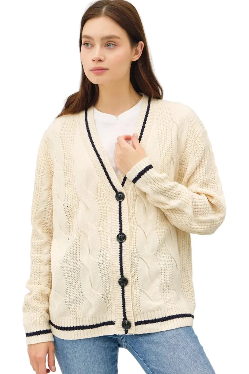 Dames V-hals Cardigan met Kabelbreisel en Contrastafwerking