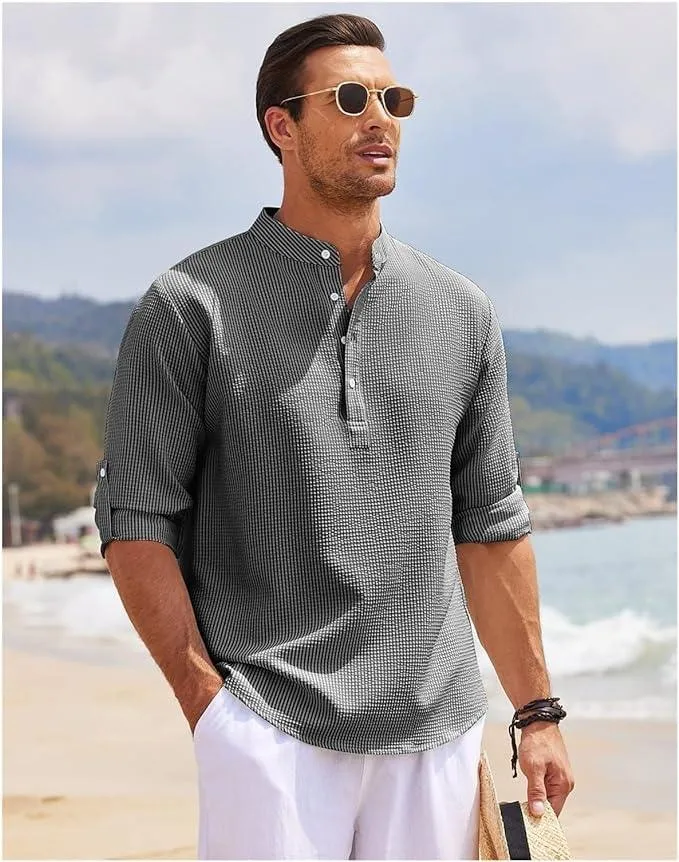 Heren Henley Shirt Lange Mouwen Rol-Up Casual
