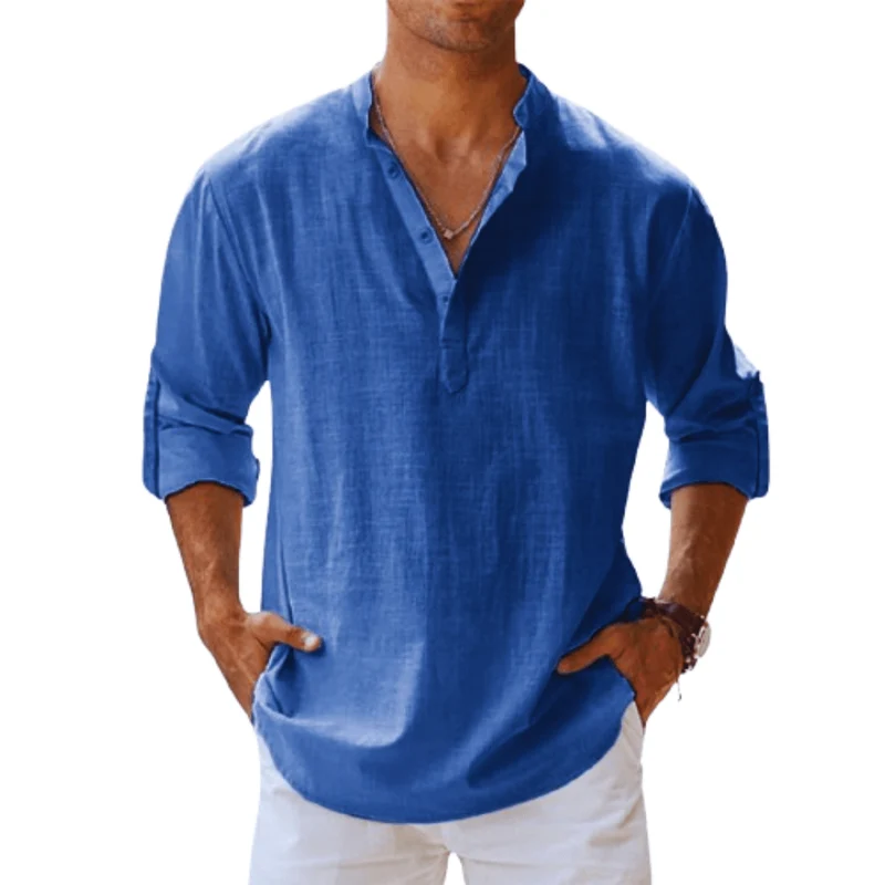Heren Henley Shirt Lange Mouwen Linnenmix Casual