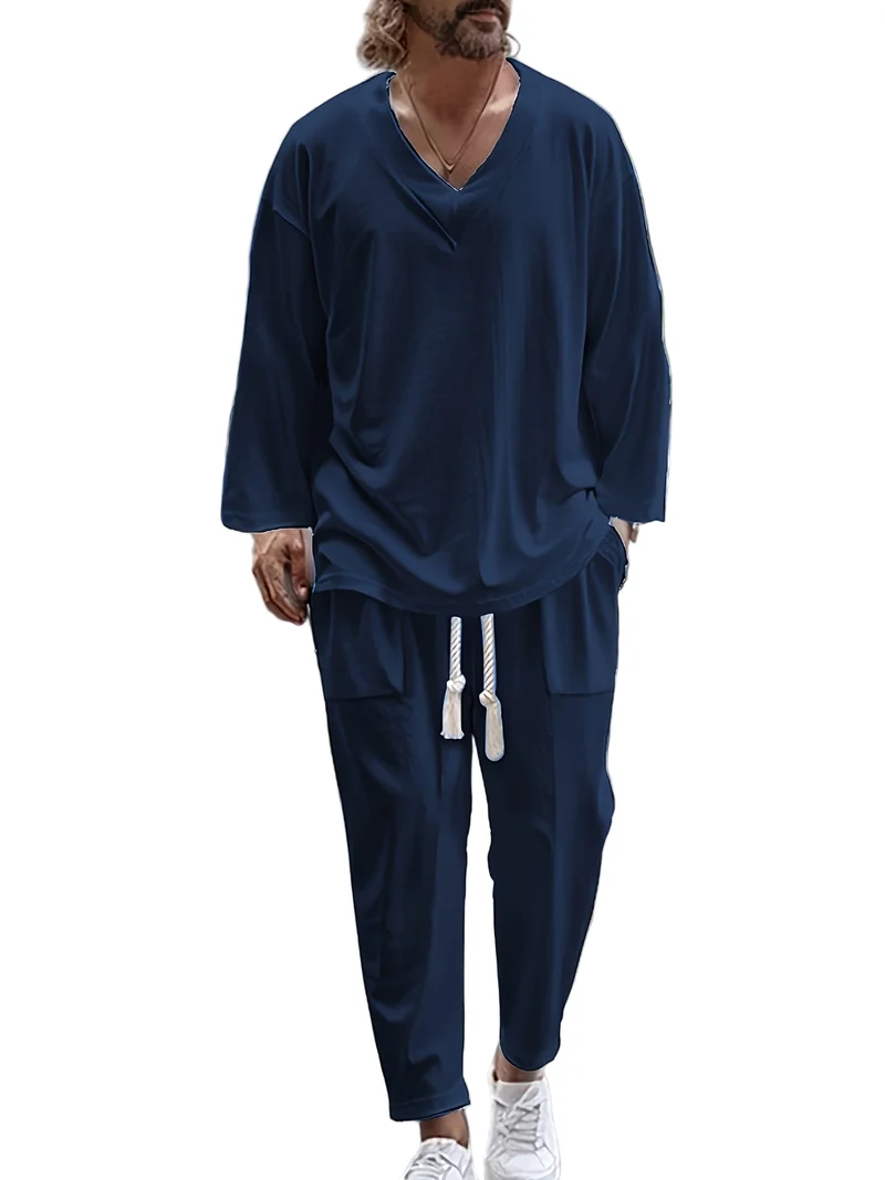 Heren Loungewear Set V-Hals Lange Mouwen Top en Relaxed Fit Broek met Zakjes