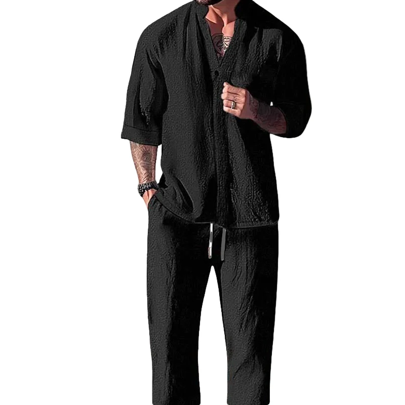 Heren Loungewear Set V-hals Lange Mouwen Katoen Linnen Mix