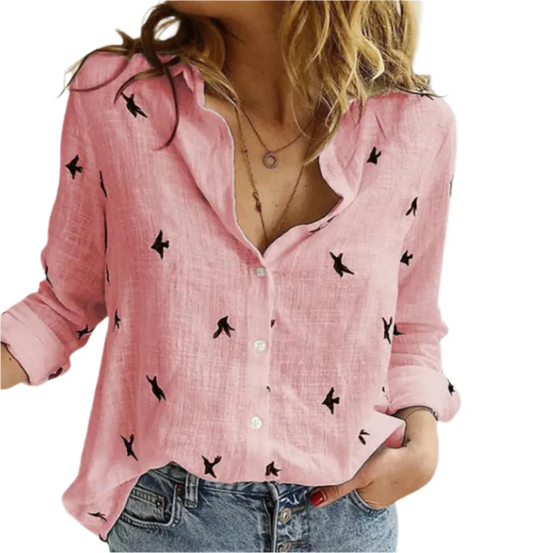 Dames Chemise Boutonnée Vogelprint Katoen Casual Fit