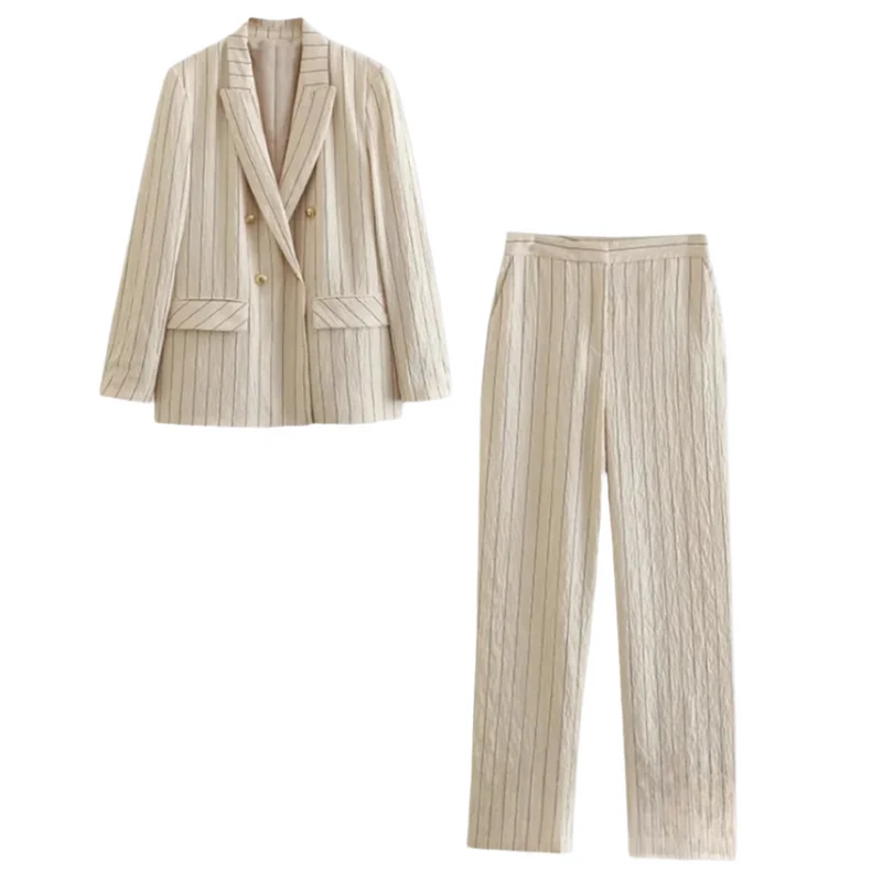 Dames Blazer en Broek Set met Fijn Gestreept Design