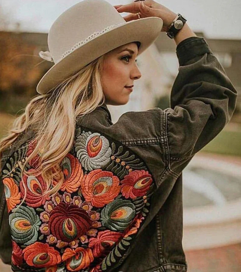 Dames Denimjack Bloemenprint Comfortabel Denim